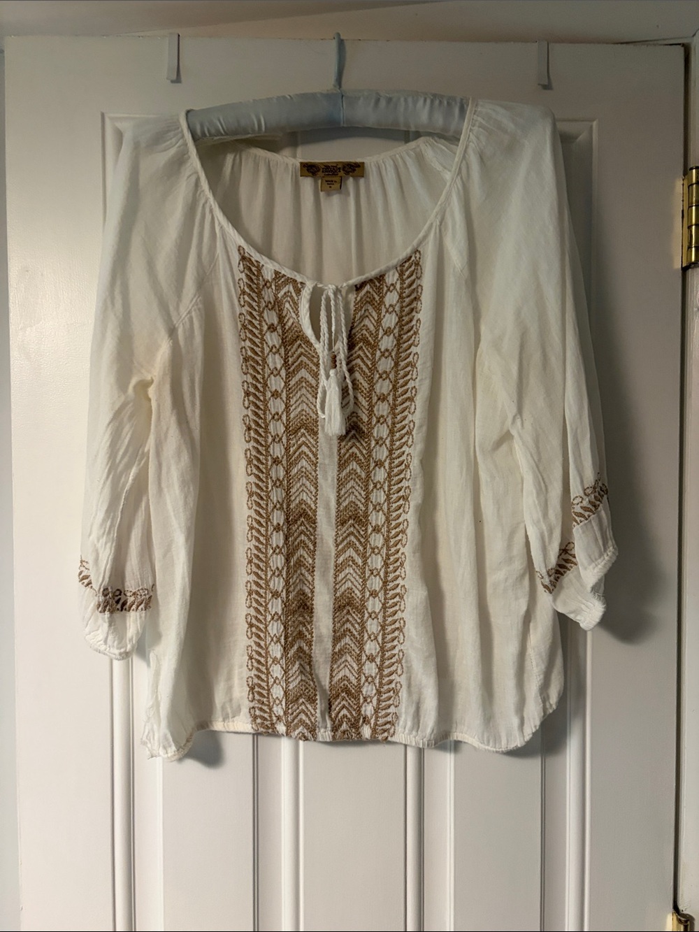 Bohemian White Peasant Blouse with Tan Embroidery